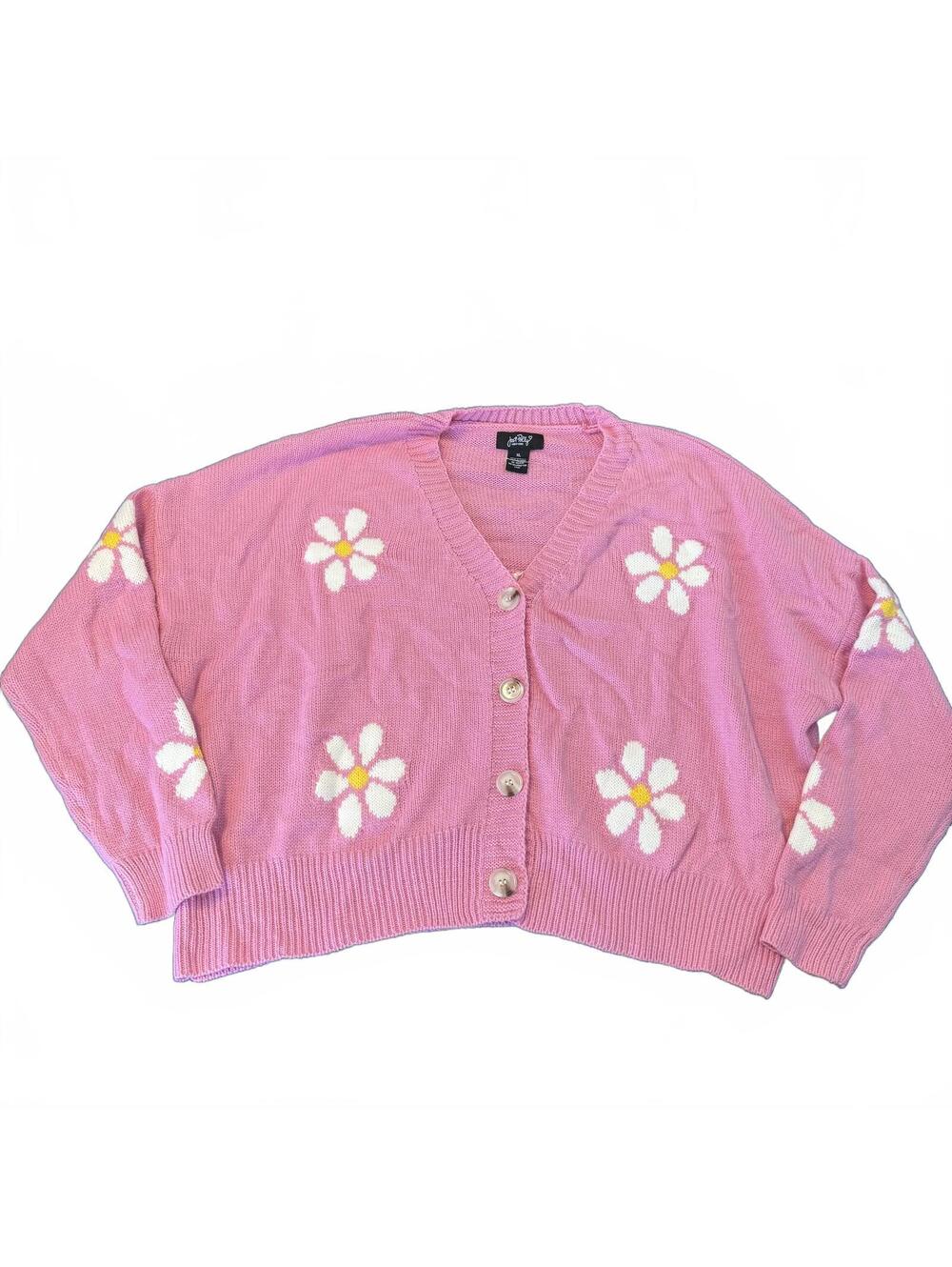 Just Poly New York Pink Daisy Knit Cardigan Sweater